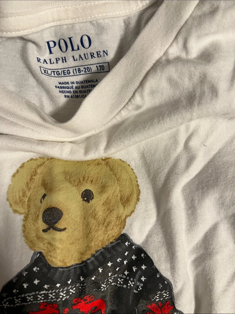 Ralph Lauren White Tee with Bear Graphic in Black, Red & Brown